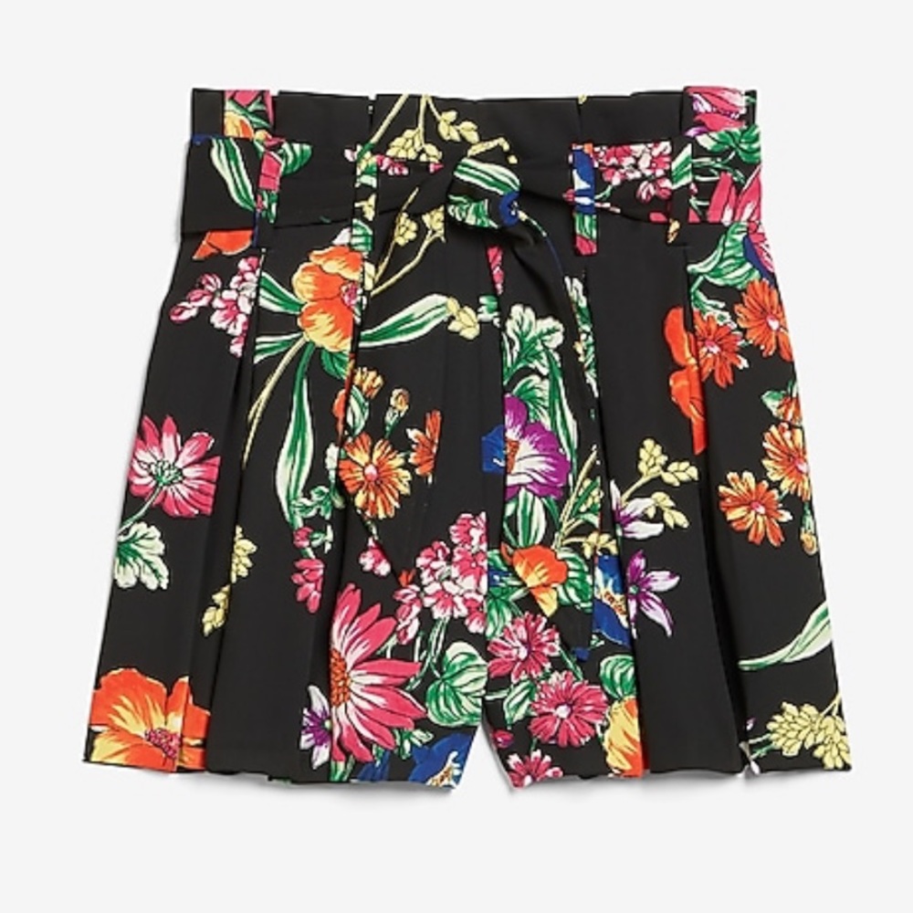 🌺High Waisted Floral Sash Tie Pleated Shor…
